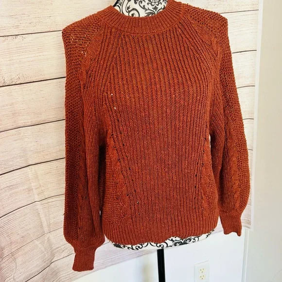 American Eagle Women’s Brown Cable Knit Ribbed Puff Sleeve Sweater S - Picture 4 of 8